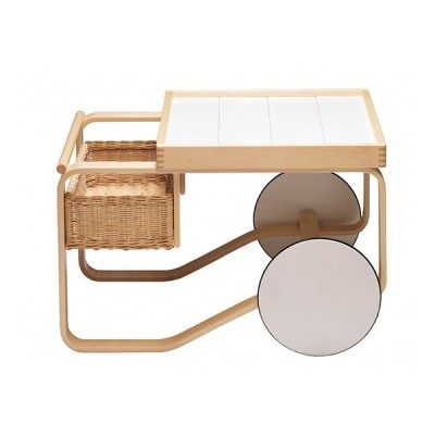 Tea Trolley 900 madera abedul, cerámica blanca y cesta de mimbre de Artek Tea Trolley 900 madera abedul, cerámica blanca y cesta de mimbre de Artek