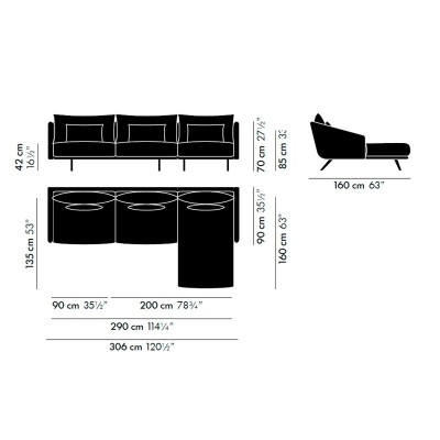 Sofá Costura con chaiselongue derecho - medidas Sofá Costura con chaiselongue derecho - medidas