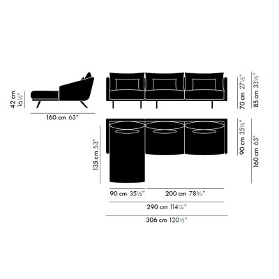 Sofá Costura con chaiselongue izquierdo - medidas Sofá Costura con chaiselongue izquierdo - medidas