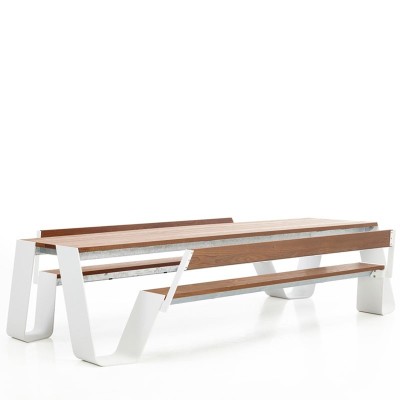 Mesa Hopper Picnic con respaldo madera Hellwood color blanco de Extremis Mesa Hopper Picnic con respaldo madera Hellwood color blanco de Extremis